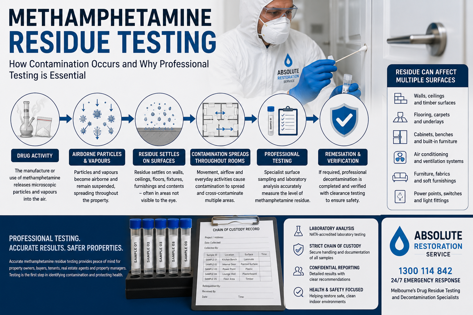 Methamphetamine residue testing infographic showing how contamination spreads through a property and the professional testing, laboratory analysis and verification process.