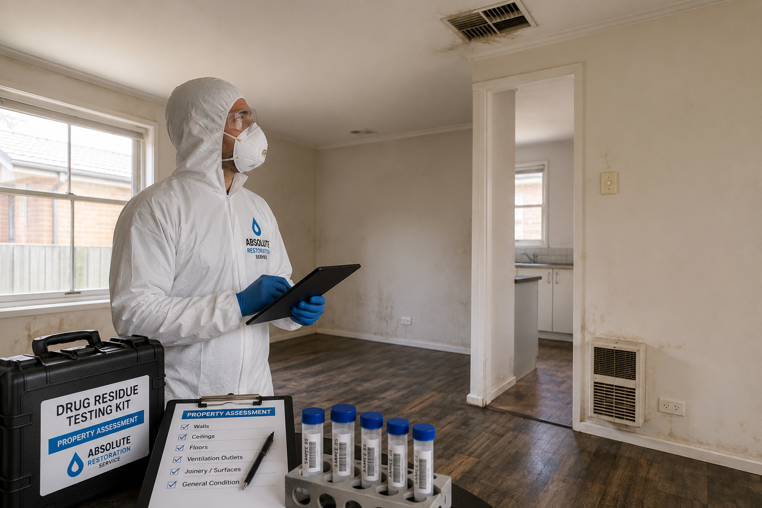 Technician wearing full PPE inspecting an empty rental property in Melbourne using a tablet during a professional drug residue contamination assessment.