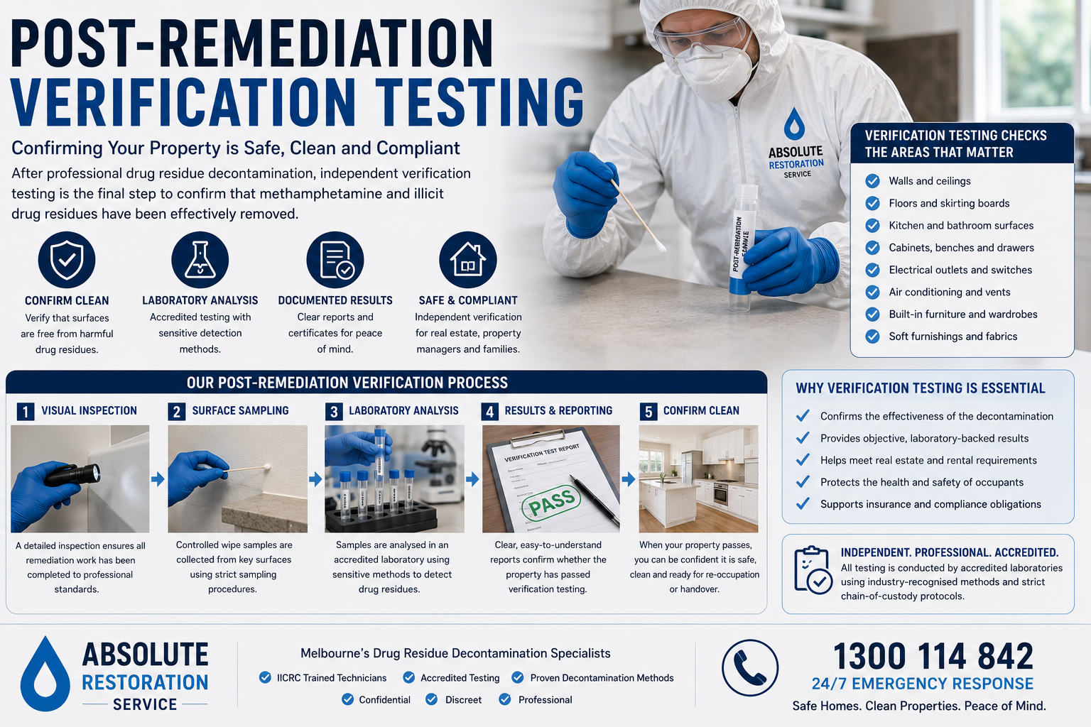 Post-remediation verification testing infographic showing visual inspection, surface sampling, laboratory analysis, reporting and confirmation that drug residue decontamination is complete.
