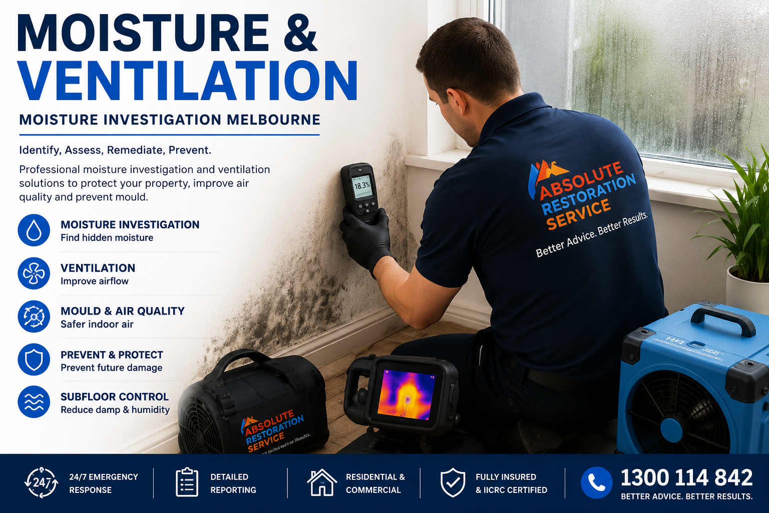 Professional moisture investigation and ventilation assessment in Melbourne using thermal imaging and moisture detection equipment