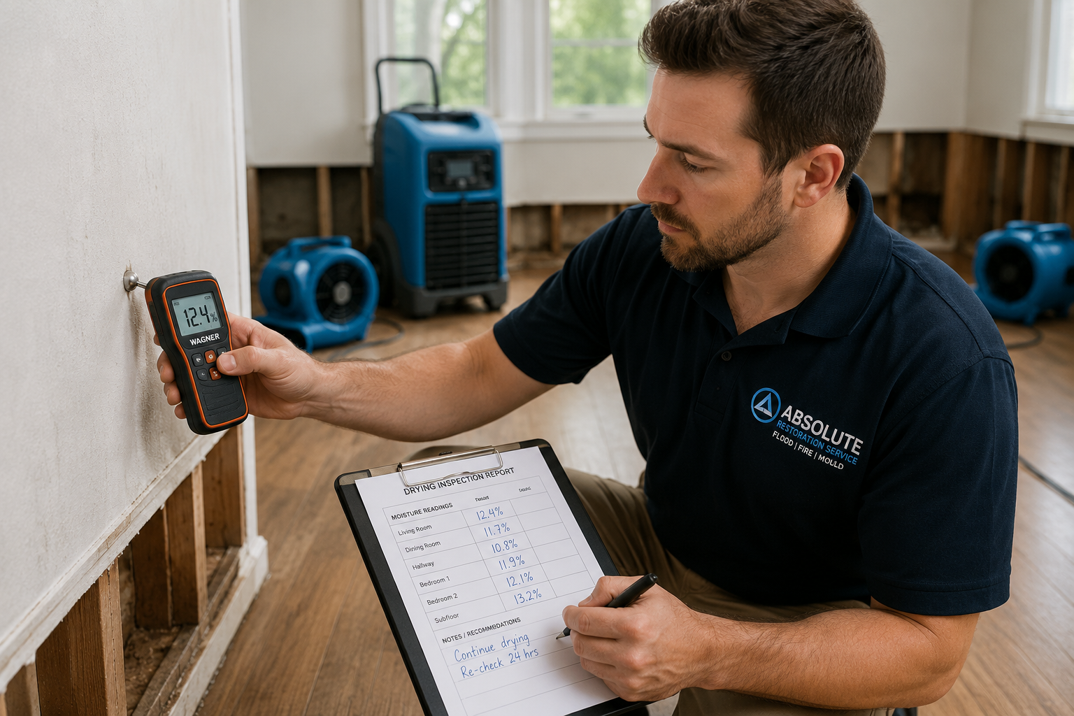 Technician recording moisture readings with a digital moisture meter during a structural drying inspection at a water-damaged Melbourne property.
