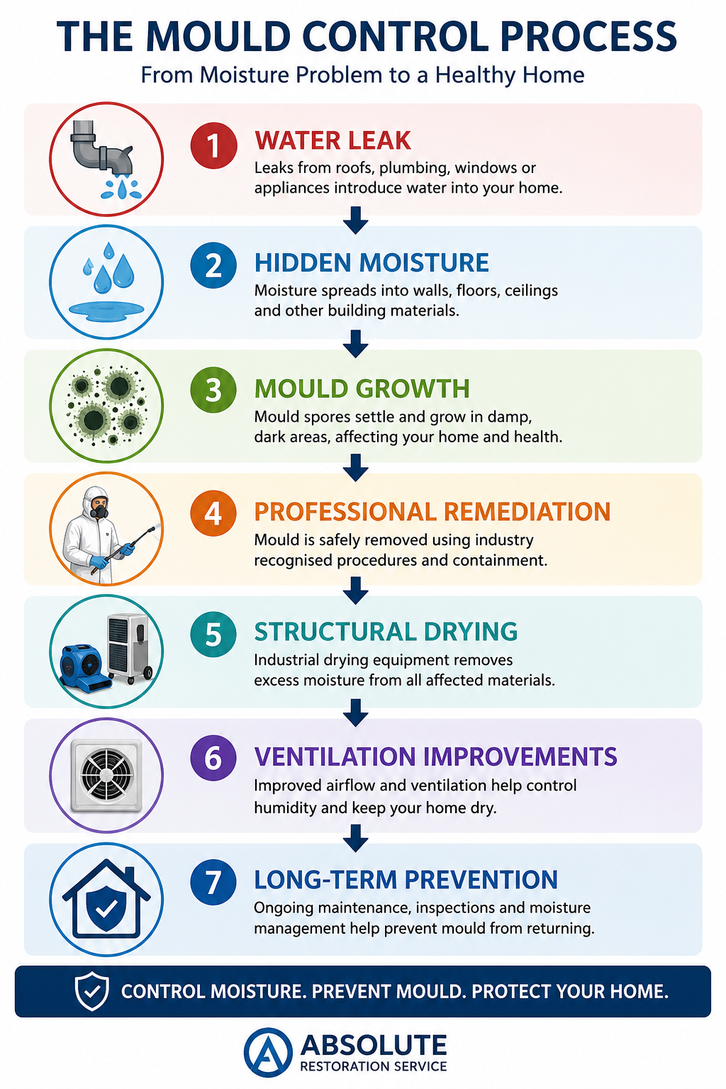 Mould control process from moisture-source repair to professional remediation
