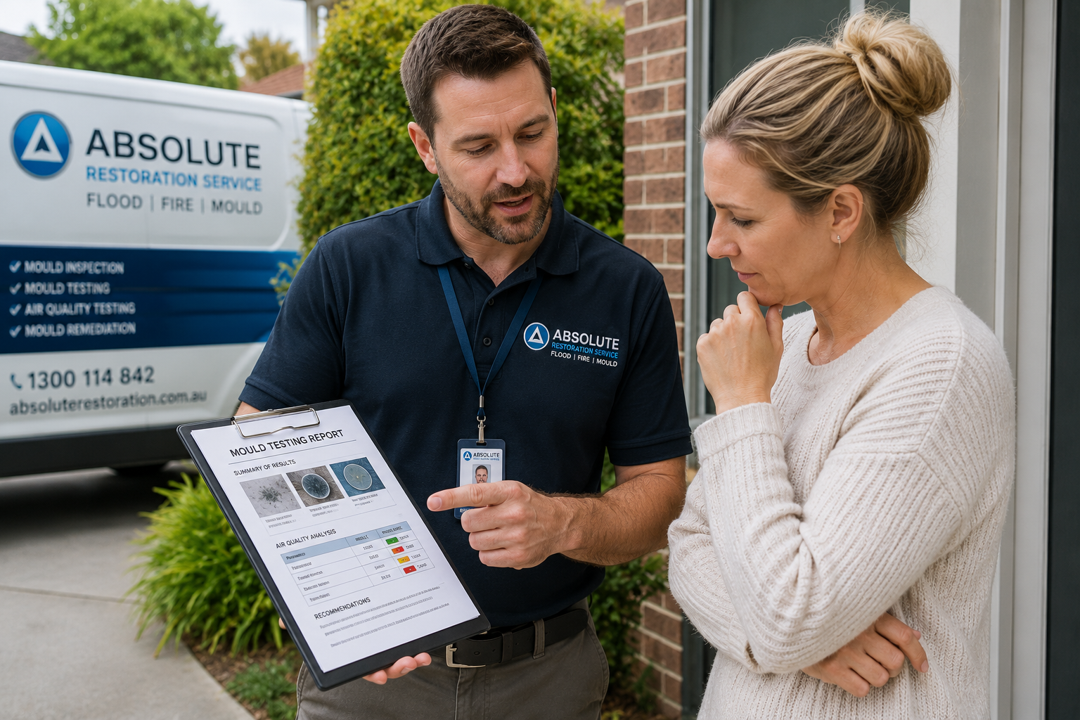 Technician discussing mould toxicity testing results with a homeowner outside a Melbourne property following professional mould inspection and indoor air quality testing.