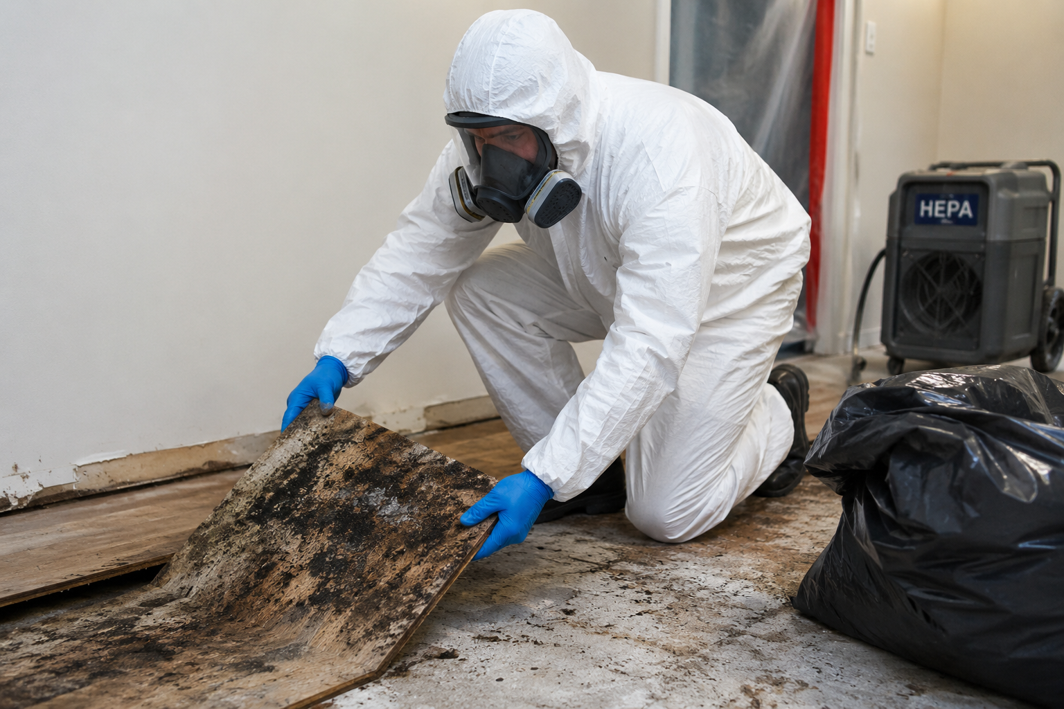 Technician removing mould-contaminated flooring during water damage restoration