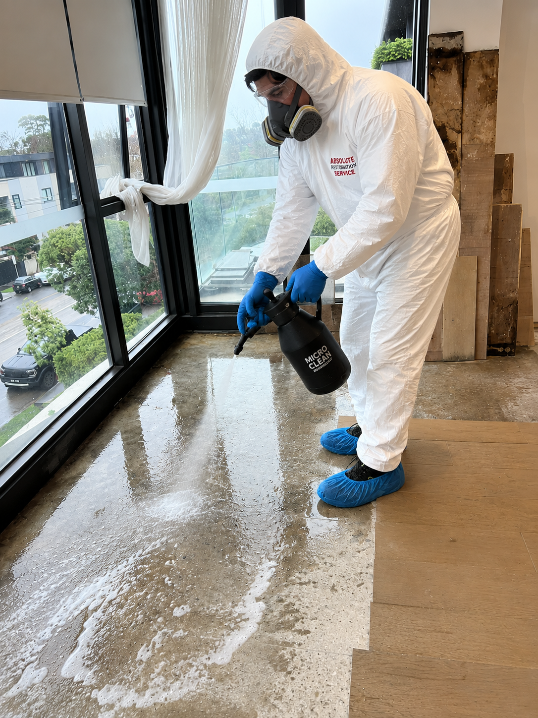 ARS technician cleaning the exposed concrete substrate during remediation
