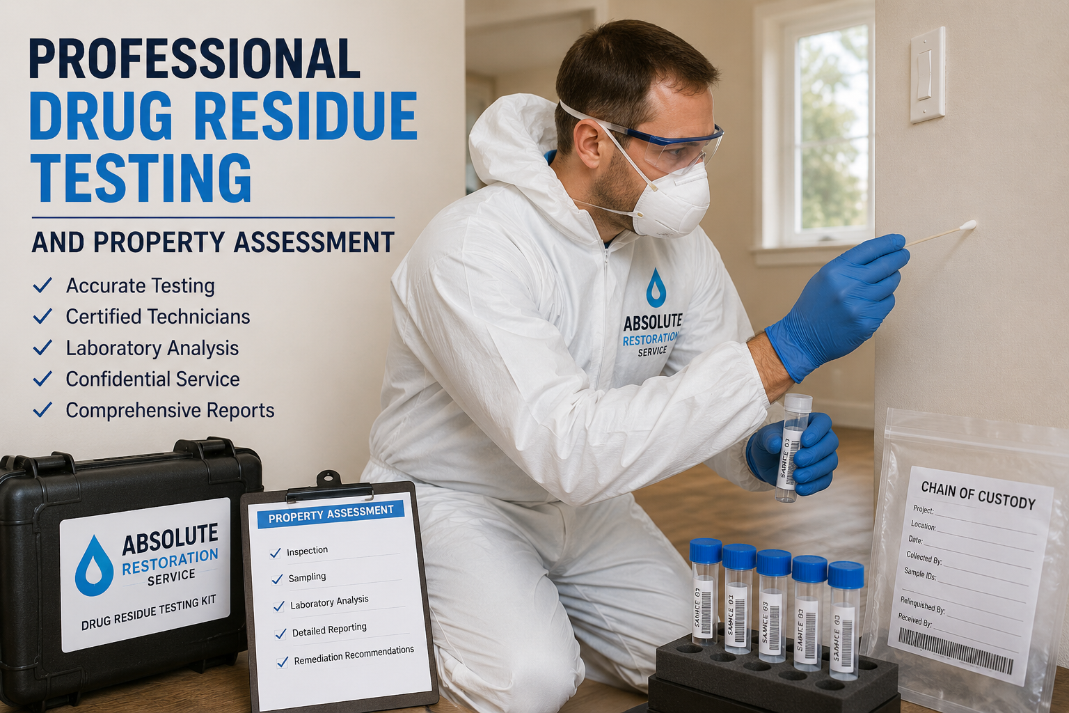 Professional drug residue testing technician collecting a surface sample during a property contamination assessment in Melbourne using full PPE and sterile sampling equipment.
