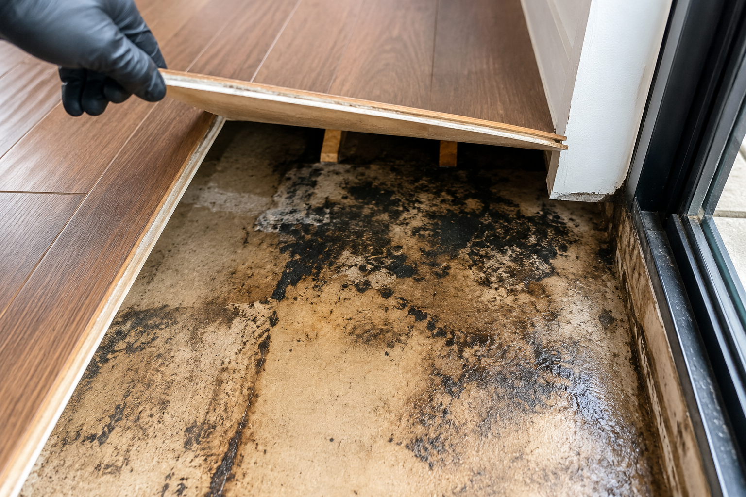 Hidden moisture and mould found beneath water-damaged floating flooring