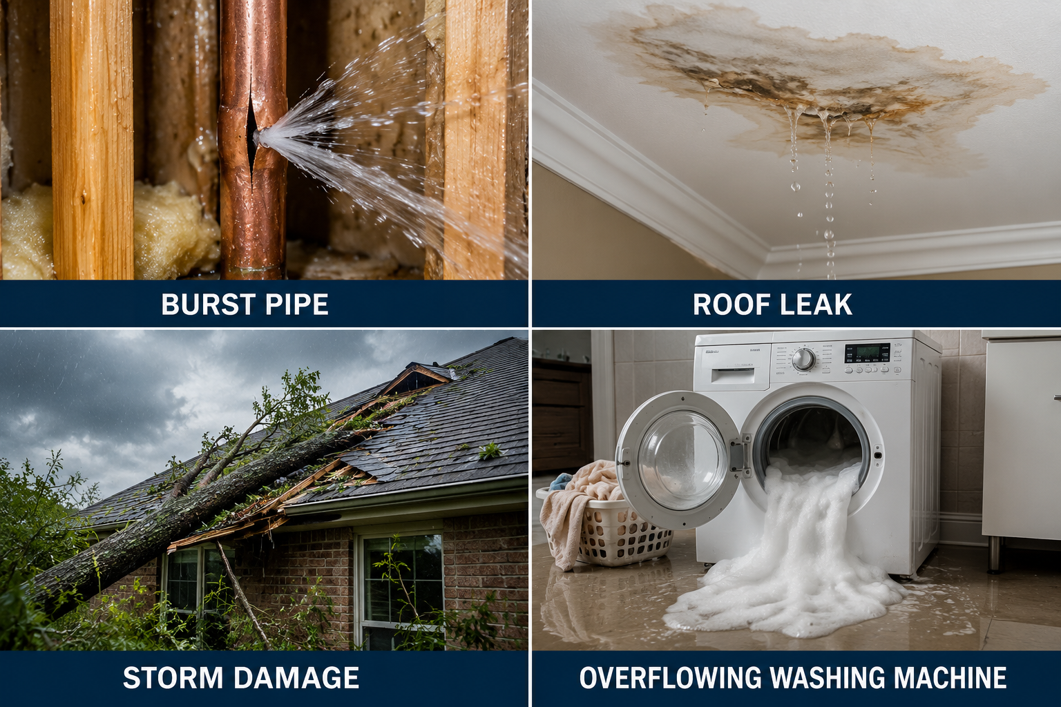 Burst pipe, roof leak, stormwater and appliance overflow causing property water damage