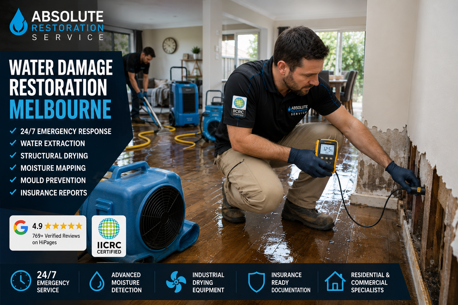 IICRC-certified Absolute Restoration Service technician inspecting flood damage inside a Melbourne home using a professional moisture meter while commercial drying equipment removes excess moisture following water intrusion.