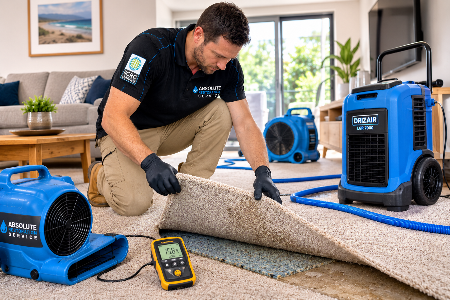 Absolute Restoration Service technician lifting a wet carpet to inspect the damp underlay while industrial air movers and a commercial dehumidifier dry a water-damaged Melbourne home.