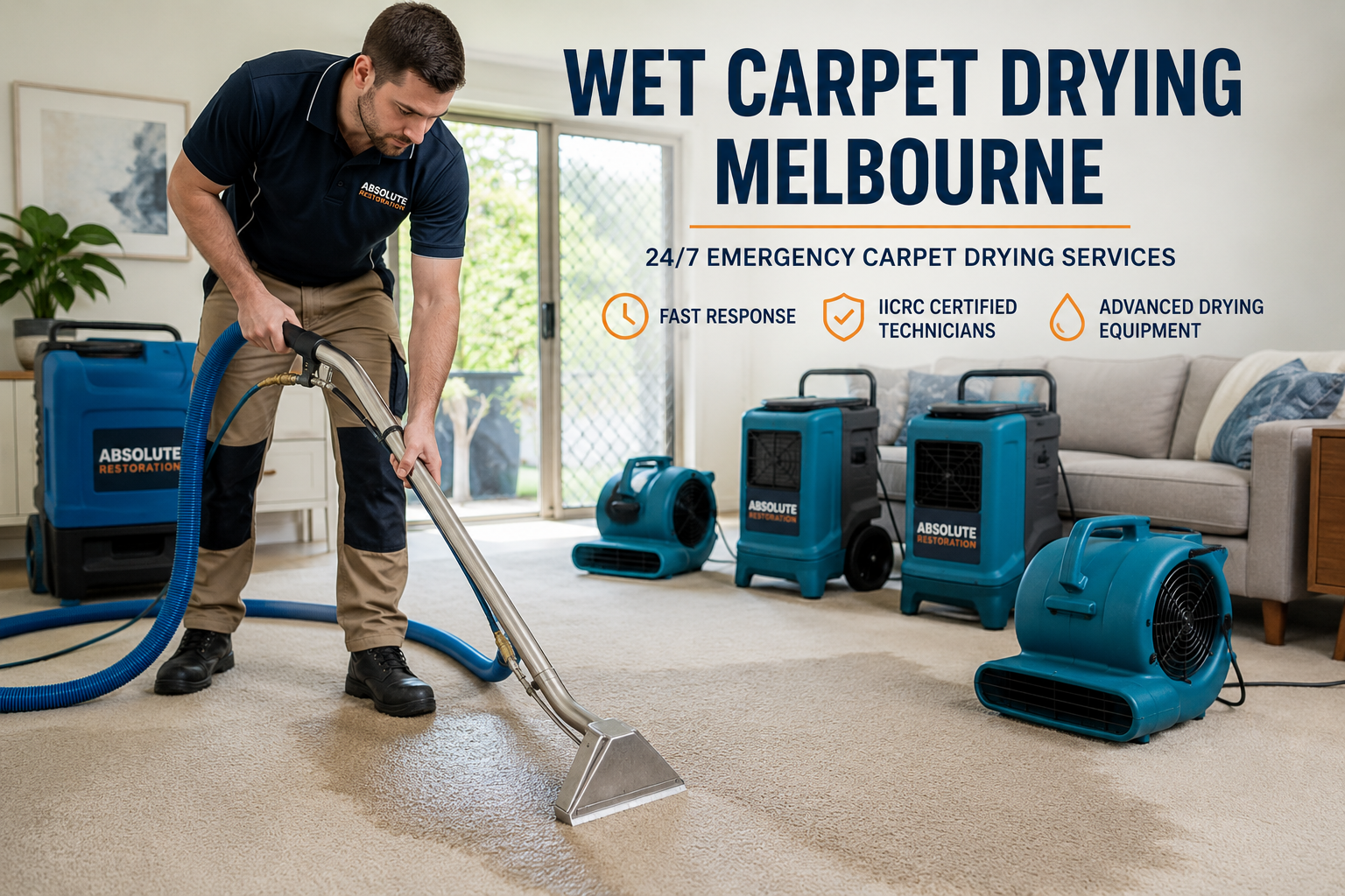 Wet Carpet Drying Melbourne Wet carpet drying in Melbourne using commercial water extraction equipment, dehumidifiers and air movers following water damage.