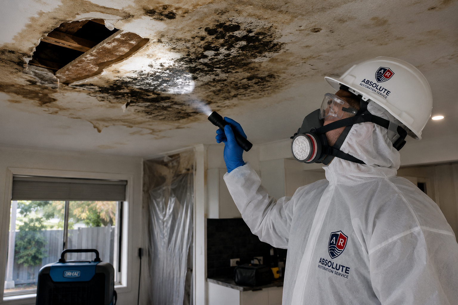 ARS technician inspecting ceiling mould and water damage in a Broadmeadows property